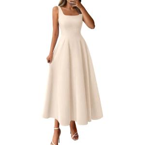 BTFBM Women Elegant Wedding Guest Dress Summer Square Neck Sleeveless Flowy A Line Formal Cocktail Party Maxi Dresses(Beige)
