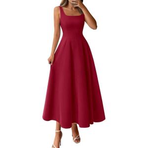 BTFBM Women Elegant Wedding Guest Dress Summer Square Neck Sleeveless Flowy A Line Formal Cocktail Party Maxi Dresses(Burgundy)