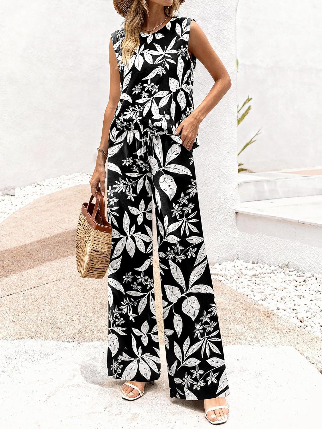imageBTFBM Lounge Sets For Women Summer Sweatsuits 2 Piece Tracksuit Sleeveless Tops Wide Leg Pants Floral Vacation OutfitsFloral Black
