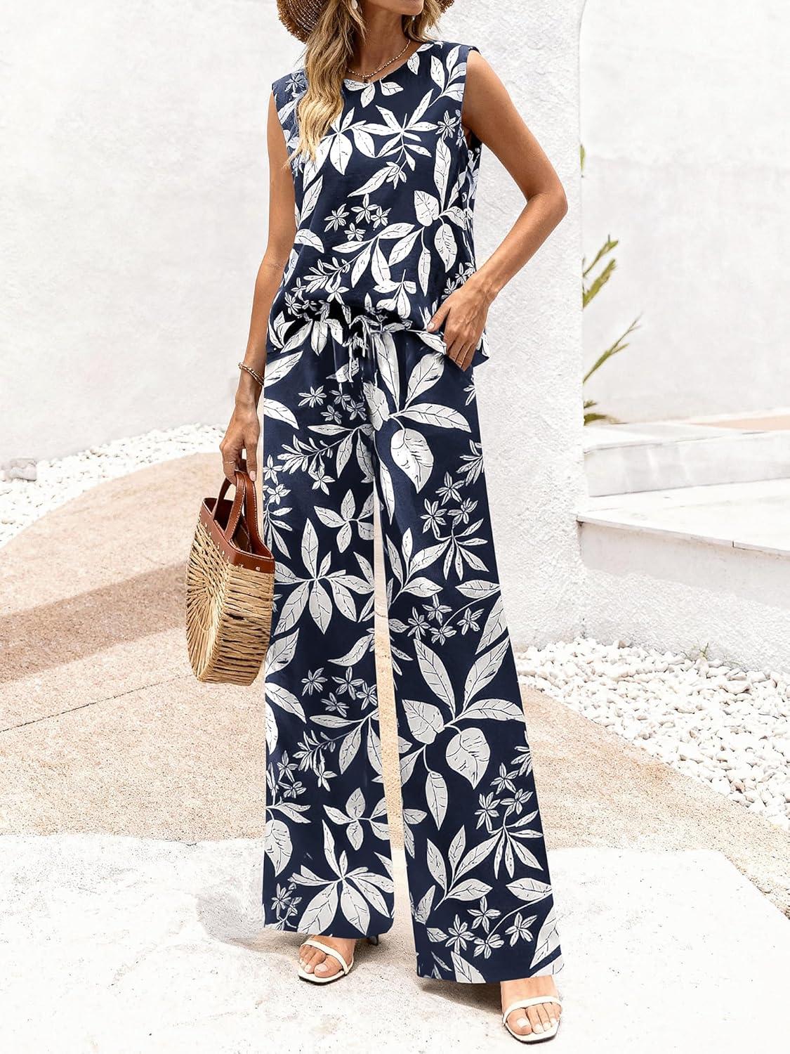 imageBTFBM Lounge Sets For Women Summer Sweatsuits 2 Piece Tracksuit Sleeveless Tops Wide Leg Pants Floral Vacation OutfitsFloral Navy