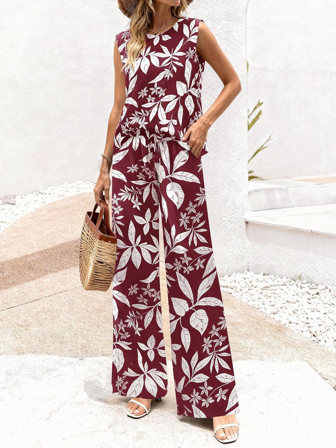 imageBTFBM Lounge Sets For Women Summer Sweatsuits 2 Piece Tracksuit Sleeveless Tops Wide Leg Pants Floral Vacation OutfitsFloral Wine Red