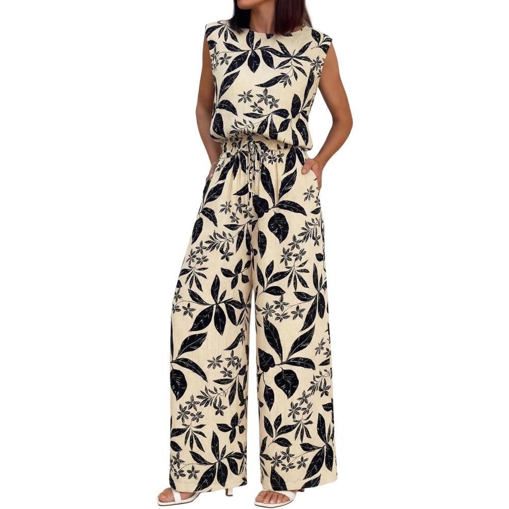 imageBTFBM Lounge Sets For Women Summer Sweatsuits 2 Piece Tracksuit Sleeveless Tops Wide Leg Pants Floral Vacation OutfitsFloral Apricot Black
