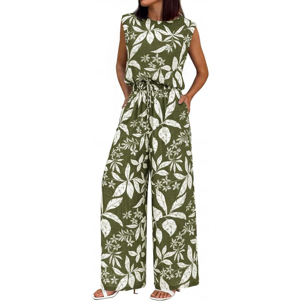 imageBTFBM Lounge Sets For Women Summer Sweatsuits 2 Piece Tracksuit Sleeveless Tops Wide Leg Pants Floral Vacation OutfitsFloral Army Green