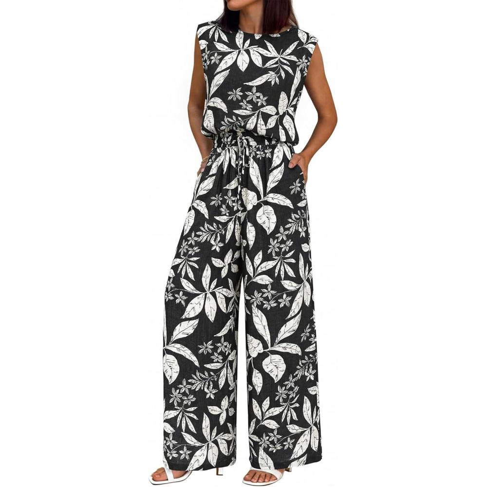 imageBTFBM Lounge Sets For Women Summer Sweatsuits 2 Piece Tracksuit Sleeveless Tops Wide Leg Pants Floral Vacation OutfitsFloral Black