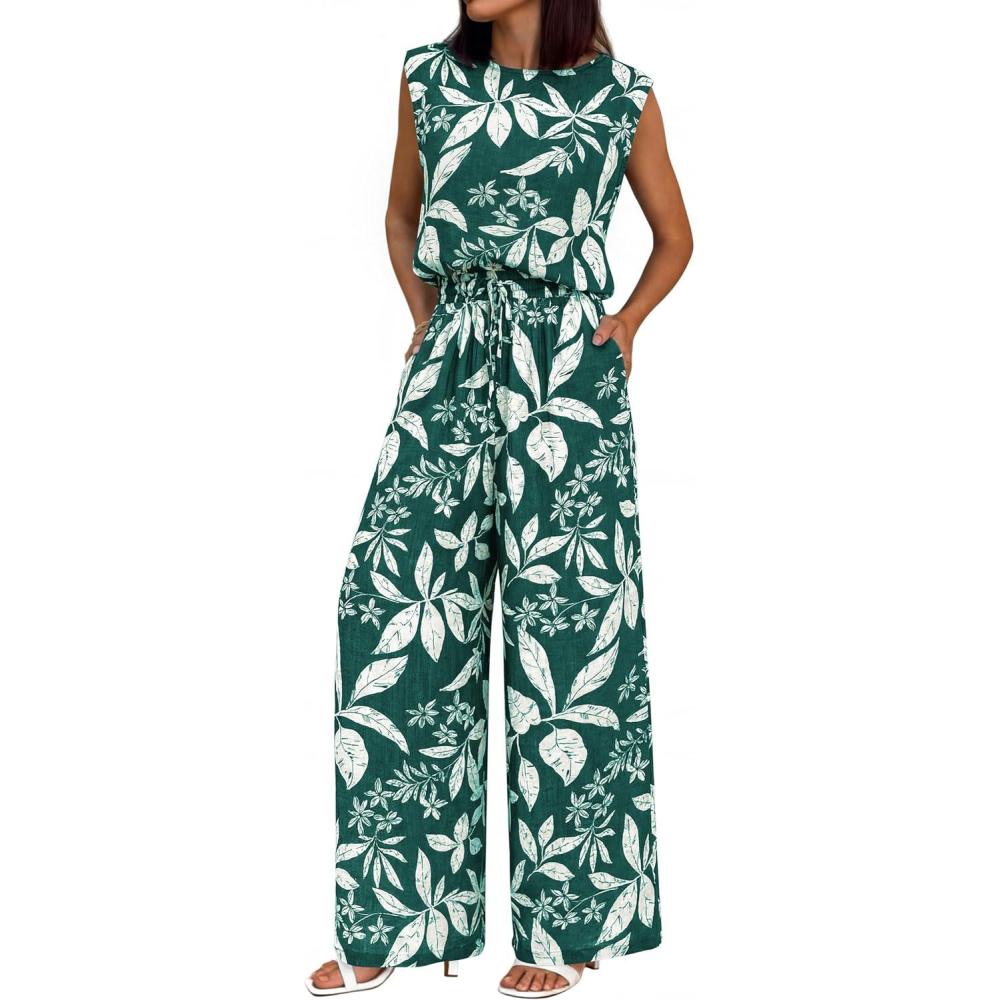 imageBTFBM Lounge Sets For Women Summer Sweatsuits 2 Piece Tracksuit Sleeveless Tops Wide Leg Pants Floral Vacation OutfitsFloral Dark Green