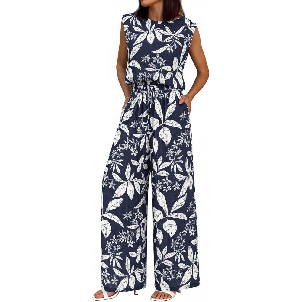 imageBTFBM Lounge Sets For Women Summer Sweatsuits 2 Piece Tracksuit Sleeveless Tops Wide Leg Pants Floral Vacation OutfitsFloral Navy
