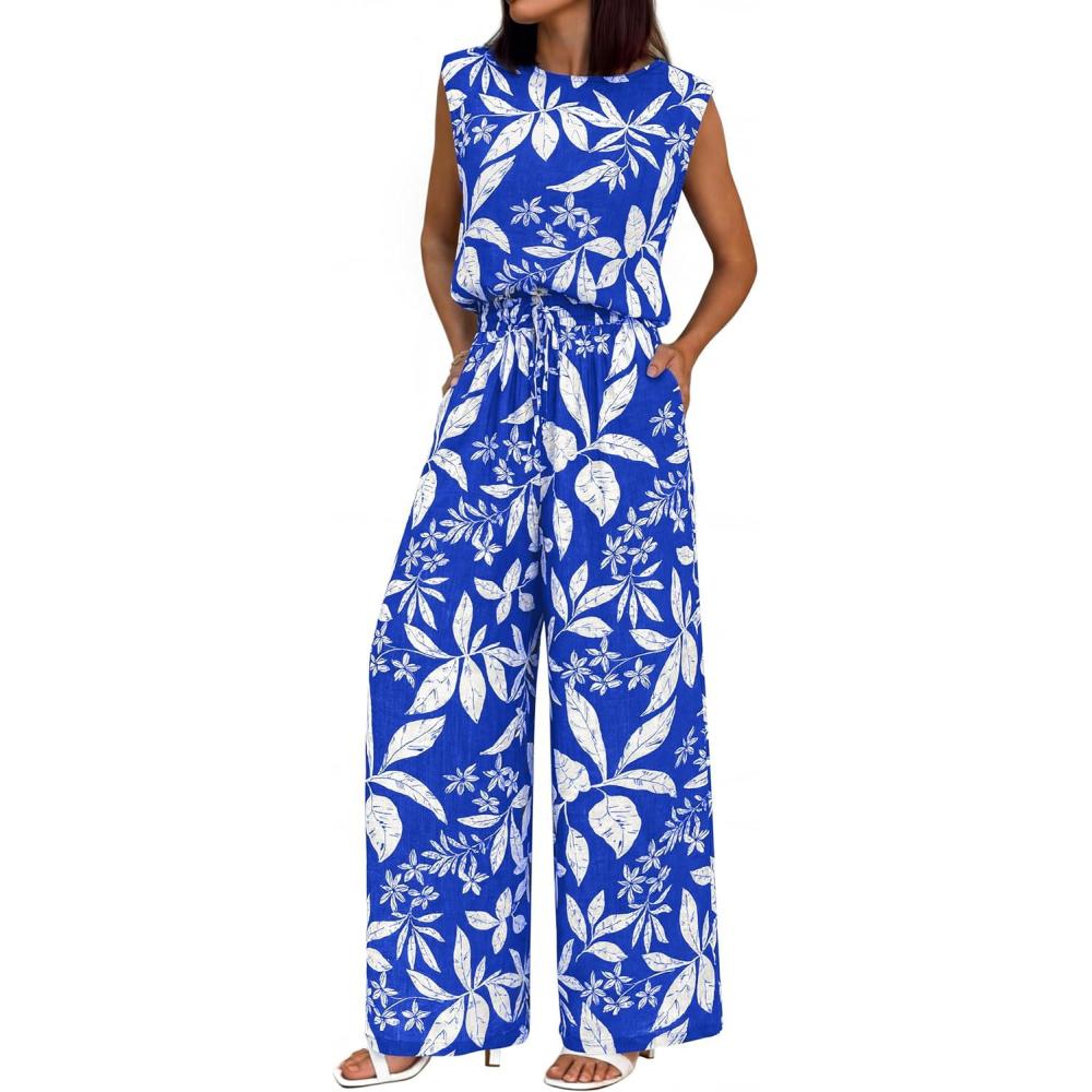 imageBTFBM Lounge Sets For Women Summer Sweatsuits 2 Piece Tracksuit Sleeveless Tops Wide Leg Pants Floral Vacation OutfitsFloral Royal Blue