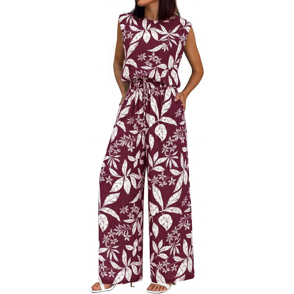 imageBTFBM Lounge Sets For Women Summer Sweatsuits 2 Piece Tracksuit Sleeveless Tops Wide Leg Pants Floral Vacation OutfitsFloral Wine Red