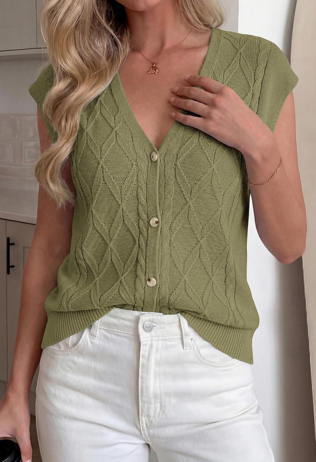 imageBTFBM Sweater Vest Women V Neck Cap Sleeve Button Down Knit Tops Spring Summer 2026 Loose Lightweight Cardigan VestsArmy Green