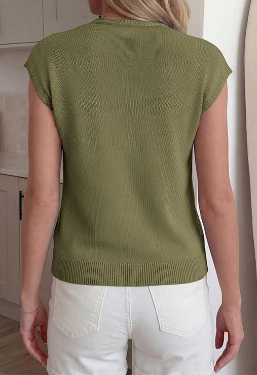 imageBTFBM Sweater Vest Women V Neck Cap Sleeve Button Down Knit Tops Spring Summer 2026 Loose Lightweight Cardigan VestsArmy Green