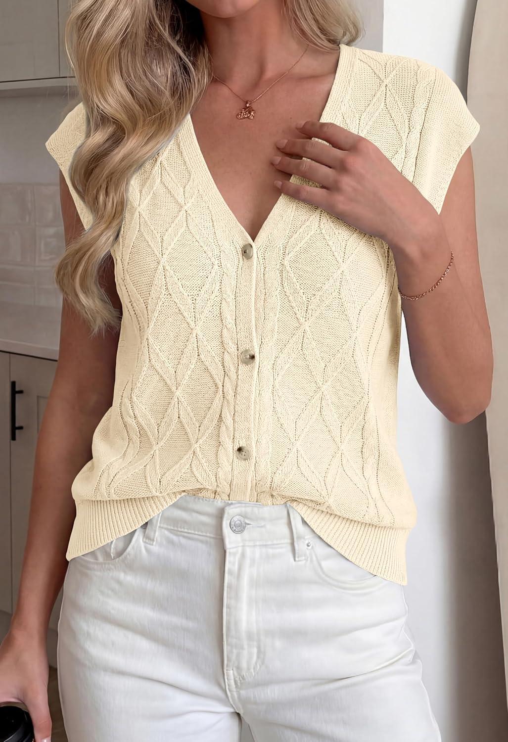 imageBTFBM Sweater Vest Women V Neck Cap Sleeve Button Down Knit Tops Spring Summer 2026 Loose Lightweight Cardigan VestsBeige