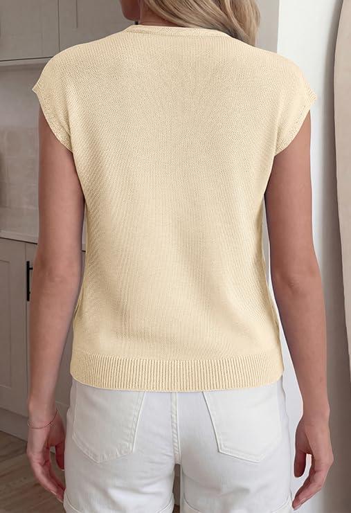 imageBTFBM Sweater Vest Women V Neck Cap Sleeve Button Down Knit Tops Spring Summer 2026 Loose Lightweight Cardigan VestsBeige