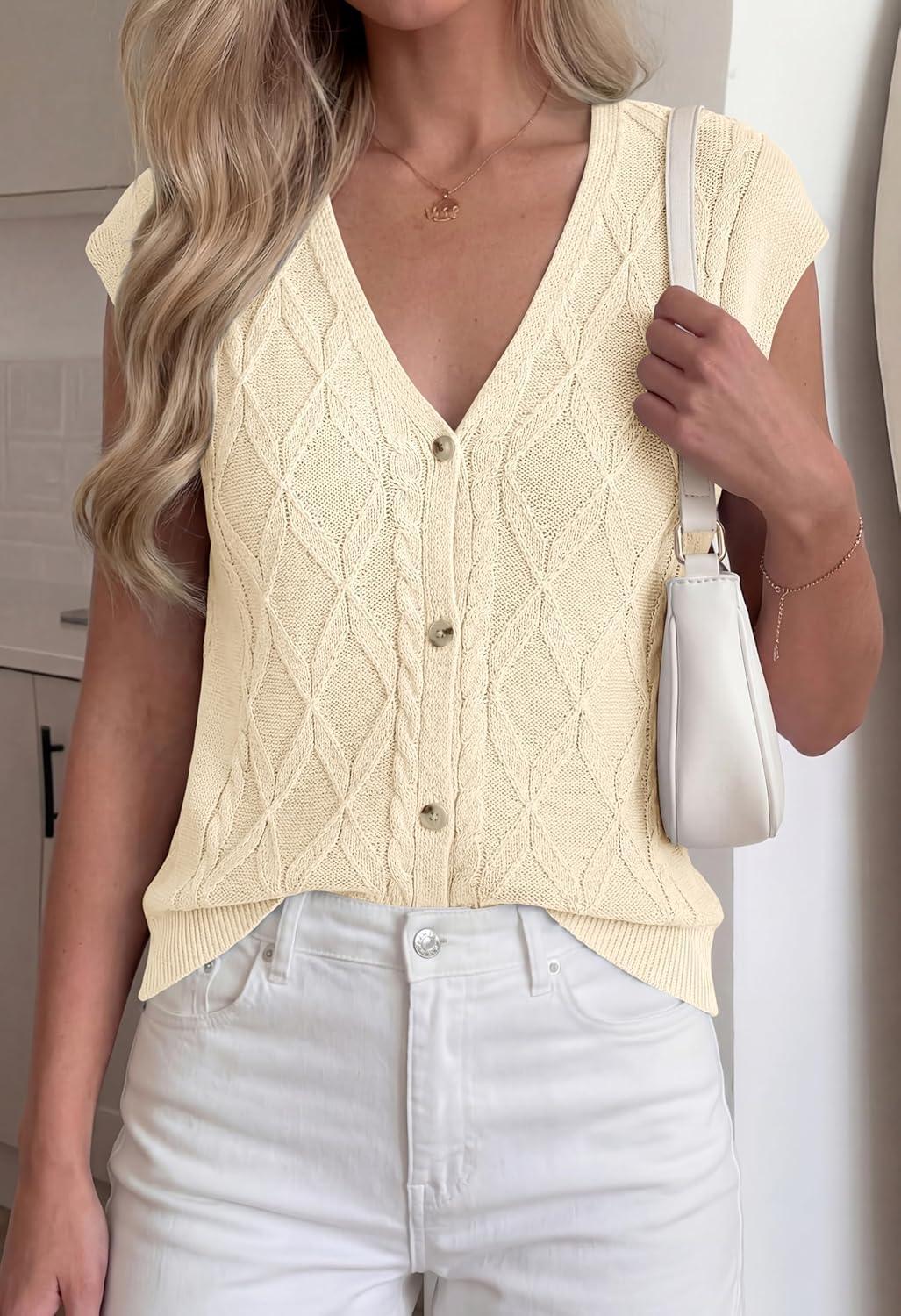 imageBTFBM Sweater Vest Women V Neck Cap Sleeve Button Down Knit Tops Spring Summer 2026 Loose Lightweight Cardigan VestsBeige