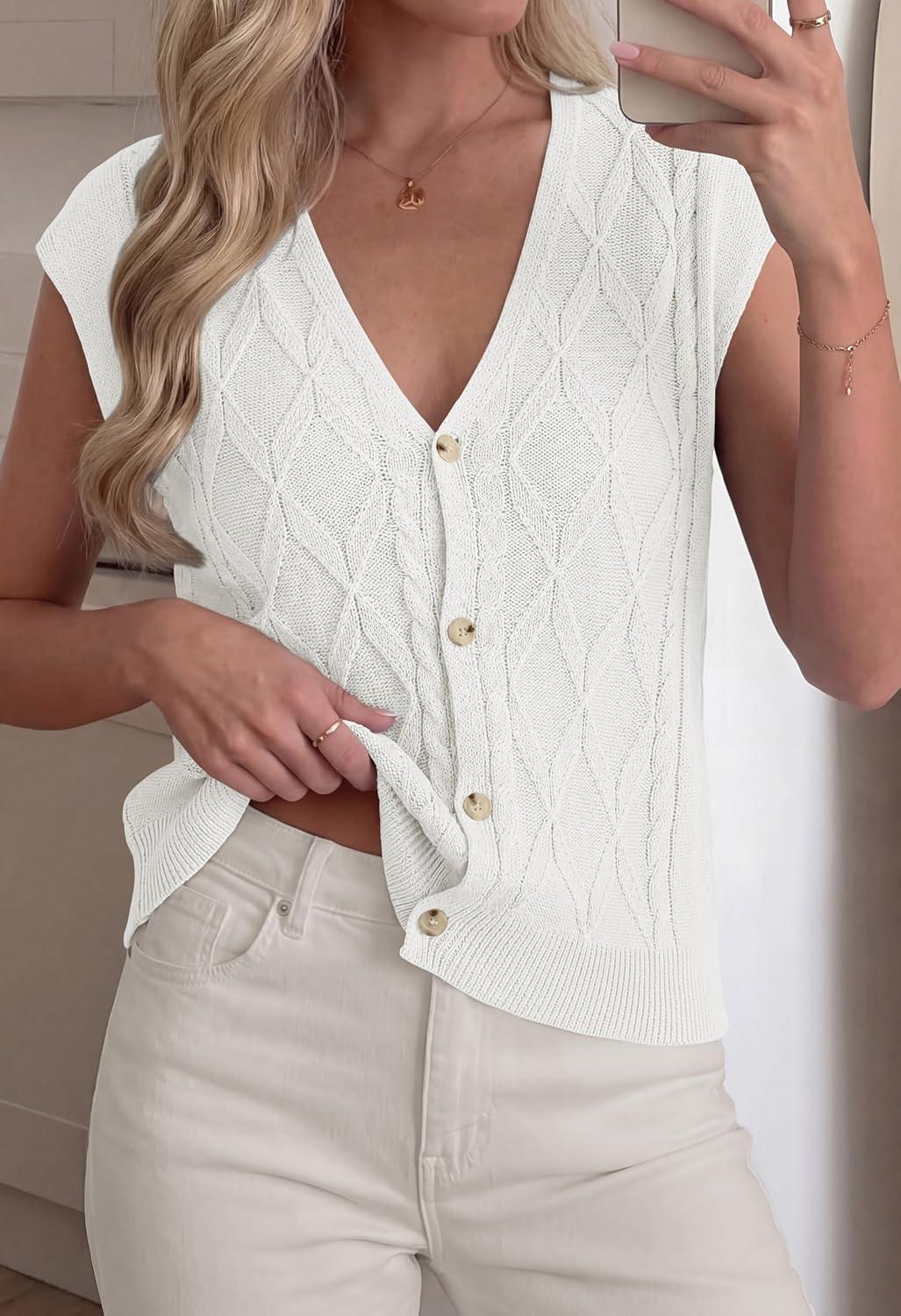 imageBTFBM Sweater Vest Women V Neck Cap Sleeve Button Down Knit Tops Spring Summer 2026 Loose Lightweight Cardigan VestsWhite