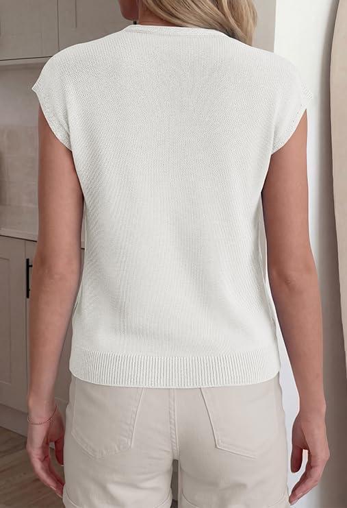 imageBTFBM Sweater Vest Women V Neck Cap Sleeve Button Down Knit Tops Spring Summer 2026 Loose Lightweight Cardigan VestsWhite