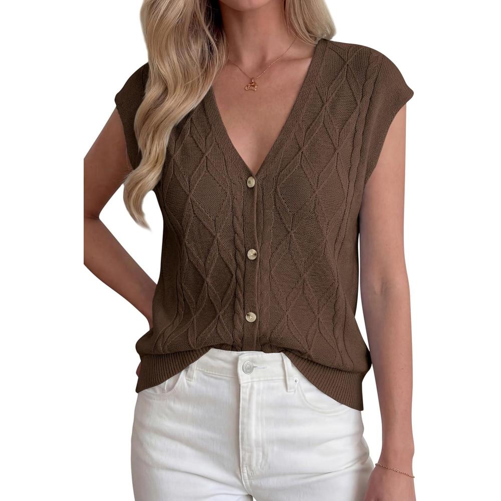 imageBTFBM Sweater Vest Women V Neck Cap Sleeve Button Down Knit Tops Spring Summer 2026 Loose Lightweight Cardigan VestsBrown
