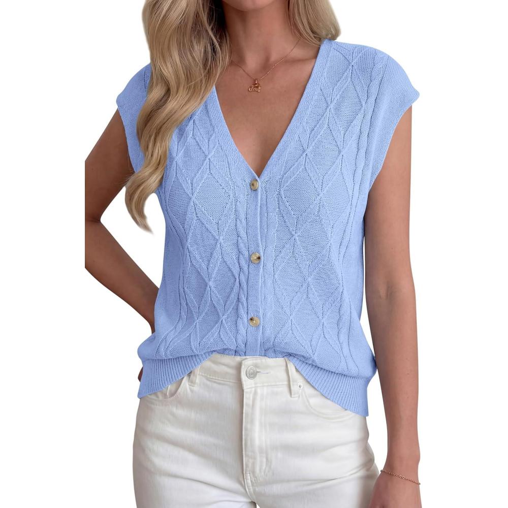 imageBTFBM Sweater Vest Women V Neck Cap Sleeve Button Down Knit Tops Spring Summer 2026 Loose Lightweight Cardigan VestsLight Blue