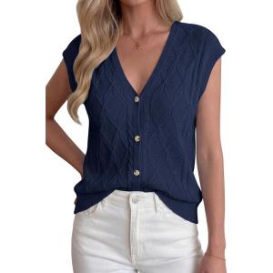 BTFBM Sweater Vest Women V Neck Cap Sleeve Button Down Knit Tops Spring Summer 2026 Loose Lightweight Cardigan Vests(Navy Blue)