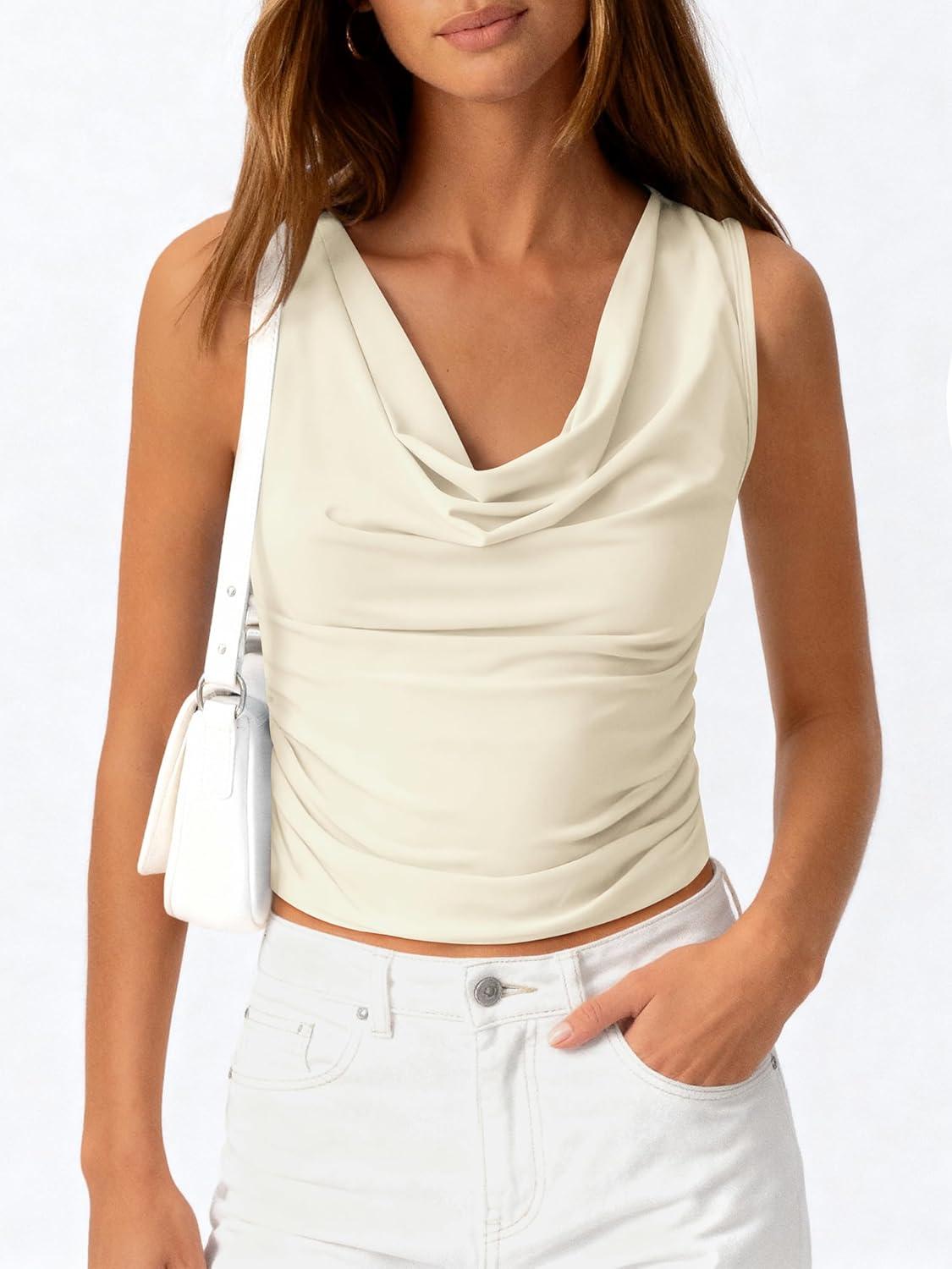 imageBTFBM Cowl Neck Tank Tops for Women 2026 Spring Summer Sleeveless Dressy Blouses Business Casual Outfits Going Out TopApricot
