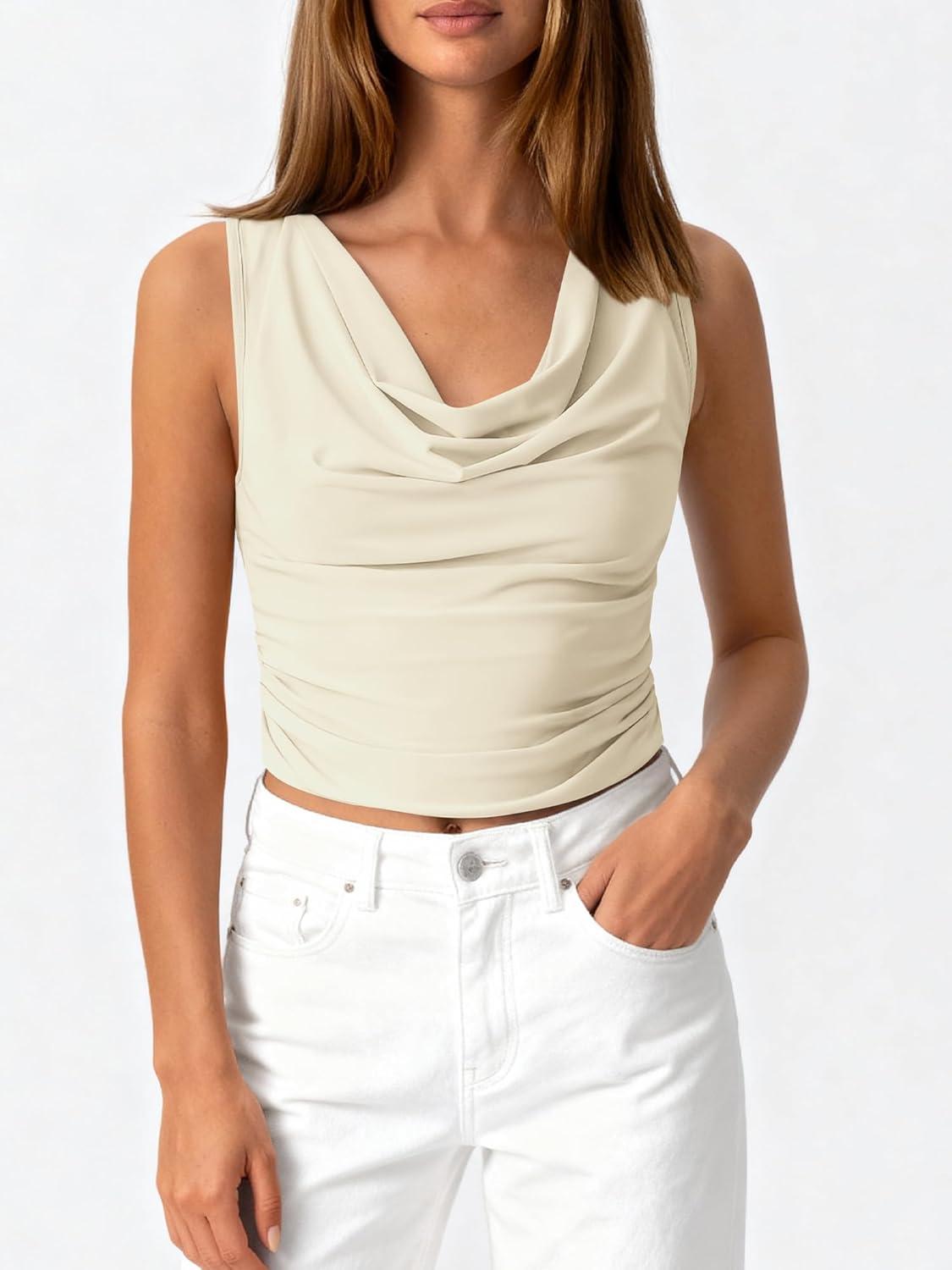 imageBTFBM Cowl Neck Tank Tops for Women 2026 Spring Summer Sleeveless Dressy Blouses Business Casual Outfits Going Out TopApricot