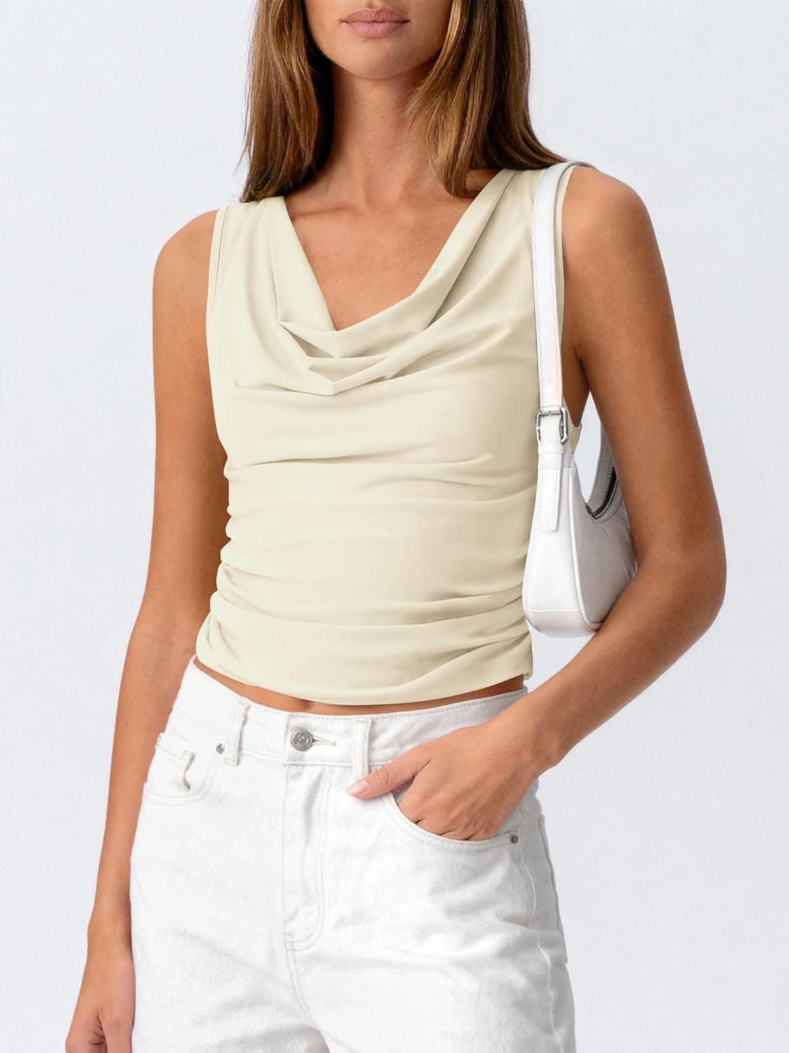 imageBTFBM Cowl Neck Tank Tops for Women 2026 Spring Summer Sleeveless Dressy Blouses Business Casual Outfits Going Out TopApricot