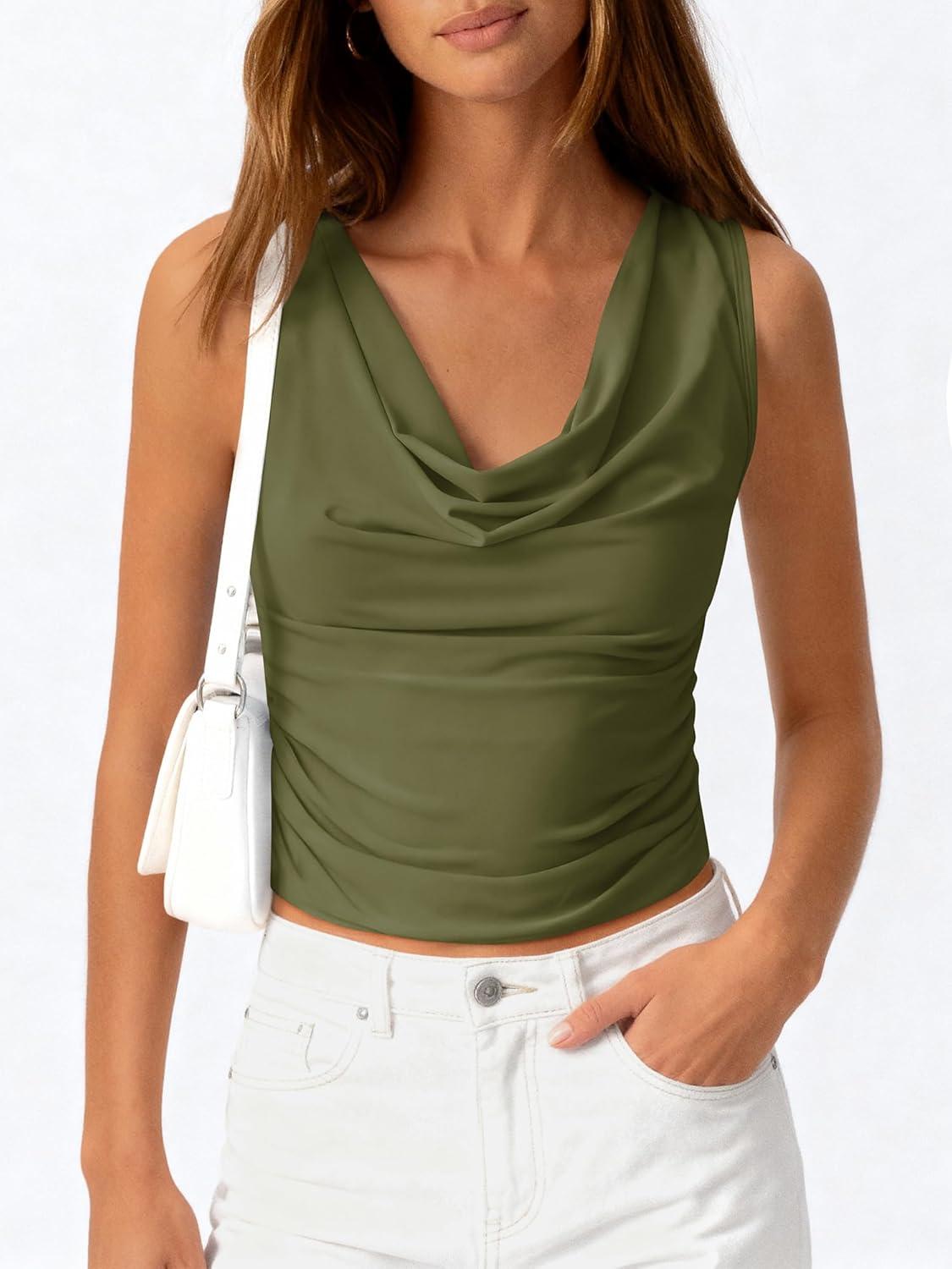 imageBTFBM Cowl Neck Tank Tops for Women 2026 Spring Summer Sleeveless Dressy Blouses Business Casual Outfits Going Out TopArmy Green