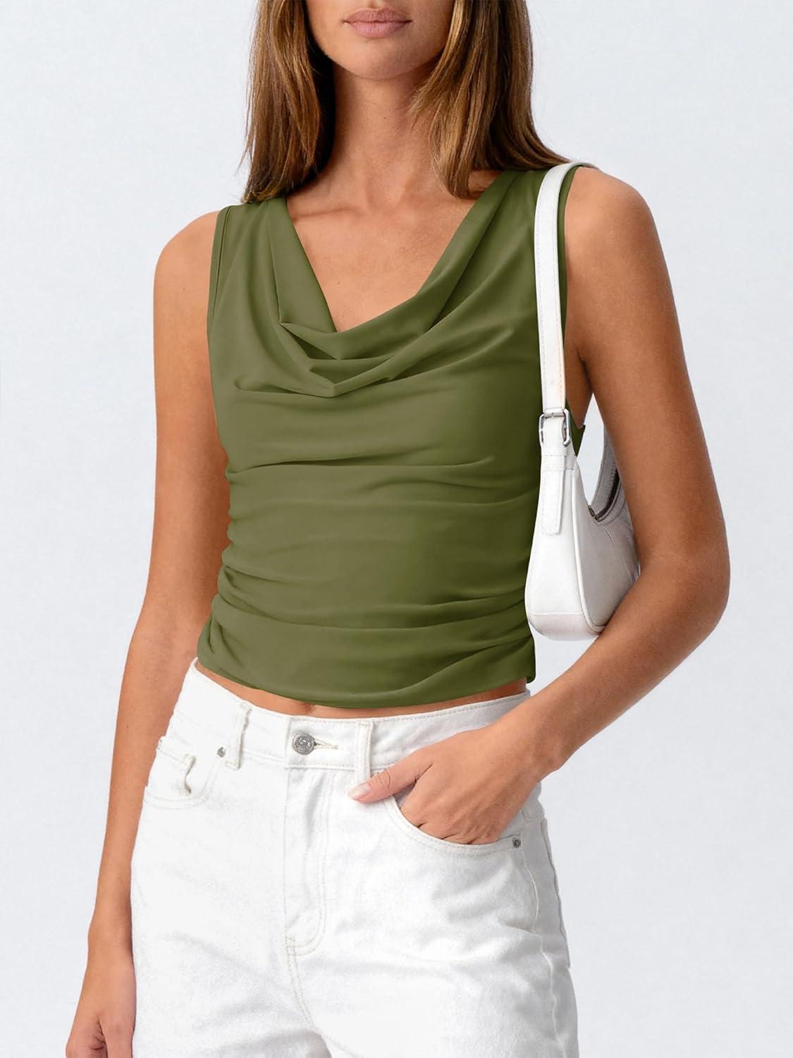 imageBTFBM Cowl Neck Tank Tops for Women 2026 Spring Summer Sleeveless Dressy Blouses Business Casual Outfits Going Out TopArmy Green