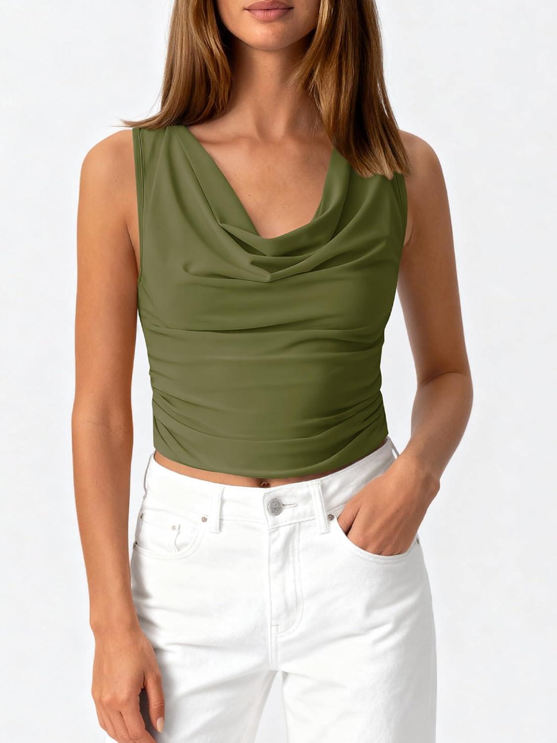 imageBTFBM Cowl Neck Tank Tops for Women 2026 Spring Summer Sleeveless Dressy Blouses Business Casual Outfits Going Out TopArmy Green