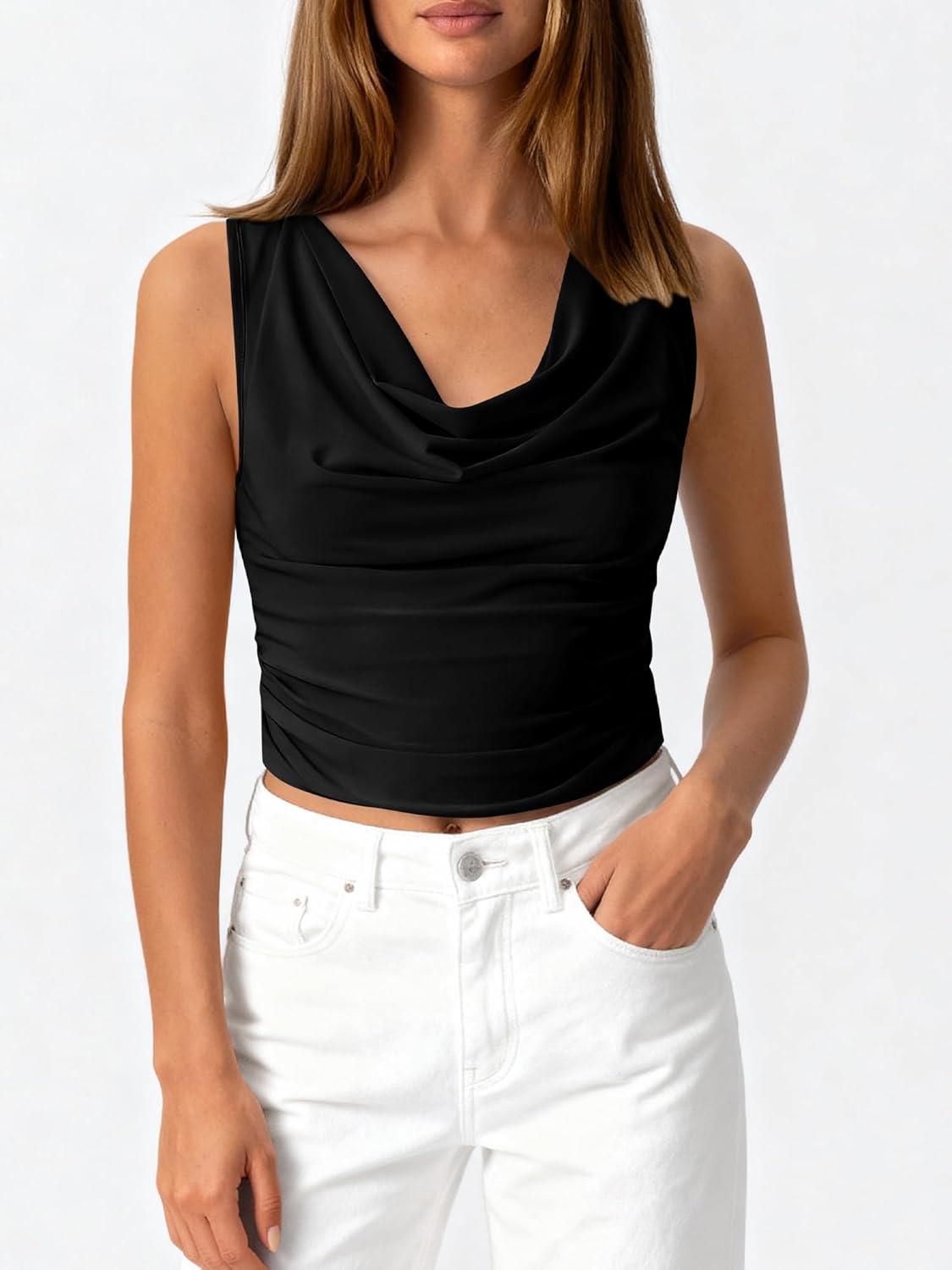 imageBTFBM Cowl Neck Tank Tops for Women 2026 Spring Summer Sleeveless Dressy Blouses Business Casual Outfits Going Out TopBlack