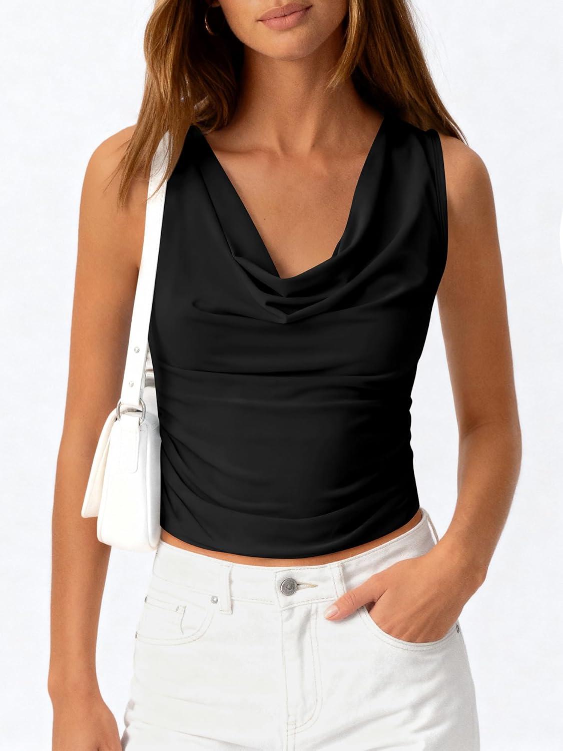 imageBTFBM Cowl Neck Tank Tops for Women 2026 Spring Summer Sleeveless Dressy Blouses Business Casual Outfits Going Out TopBlack