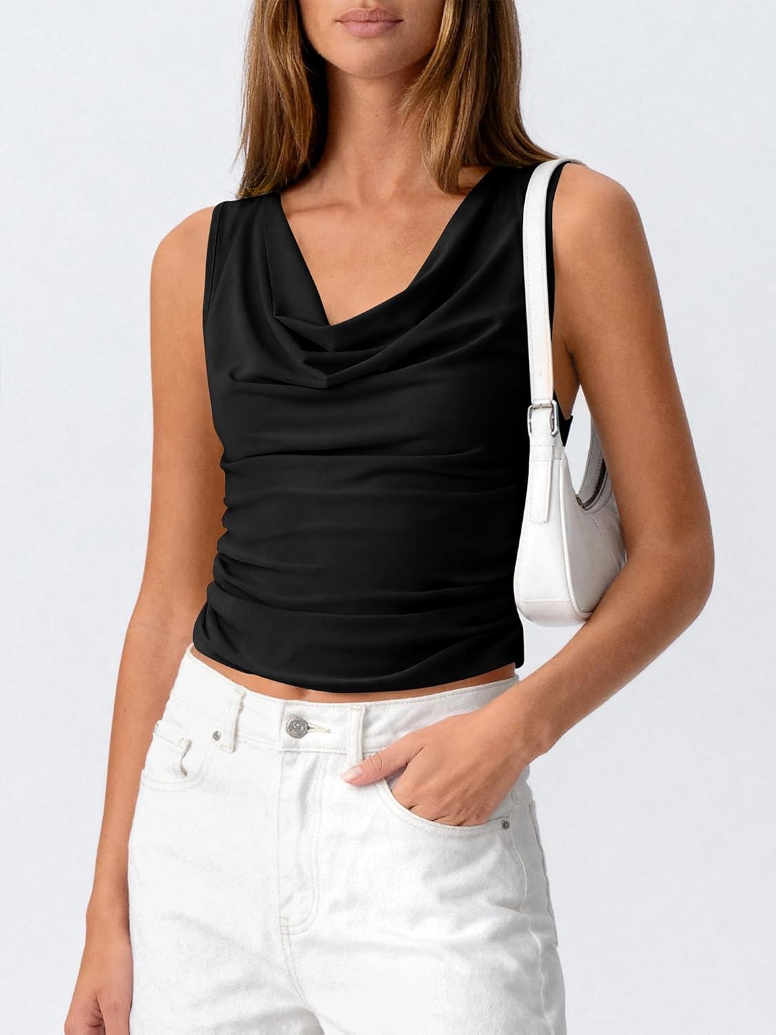 imageBTFBM Cowl Neck Tank Tops for Women 2026 Spring Summer Sleeveless Dressy Blouses Business Casual Outfits Going Out TopBlack