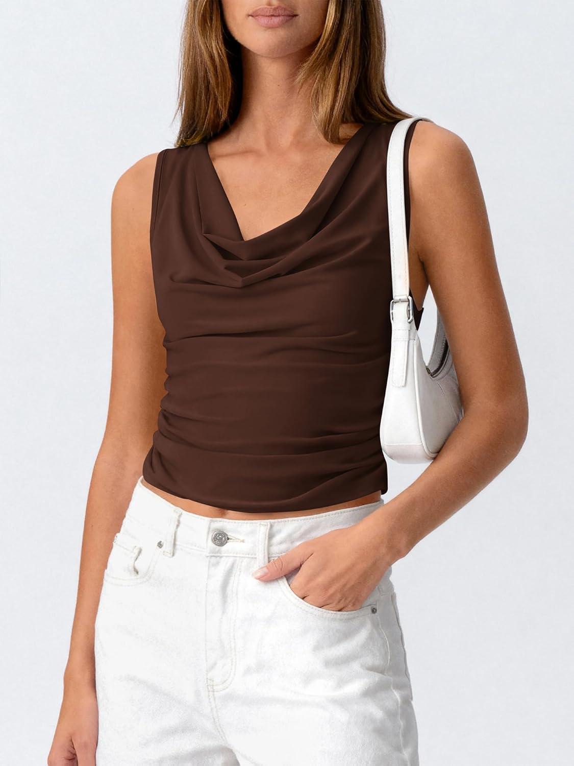 imageBTFBM Cowl Neck Tank Tops for Women 2026 Spring Summer Sleeveless Dressy Blouses Business Casual Outfits Going Out TopBrown