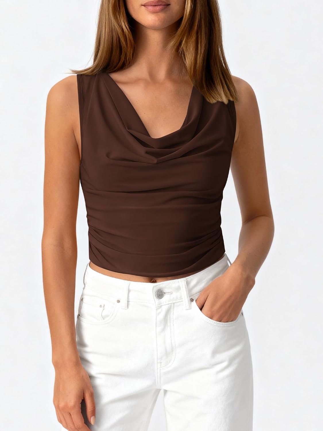 imageBTFBM Cowl Neck Tank Tops for Women 2026 Spring Summer Sleeveless Dressy Blouses Business Casual Outfits Going Out TopBrown