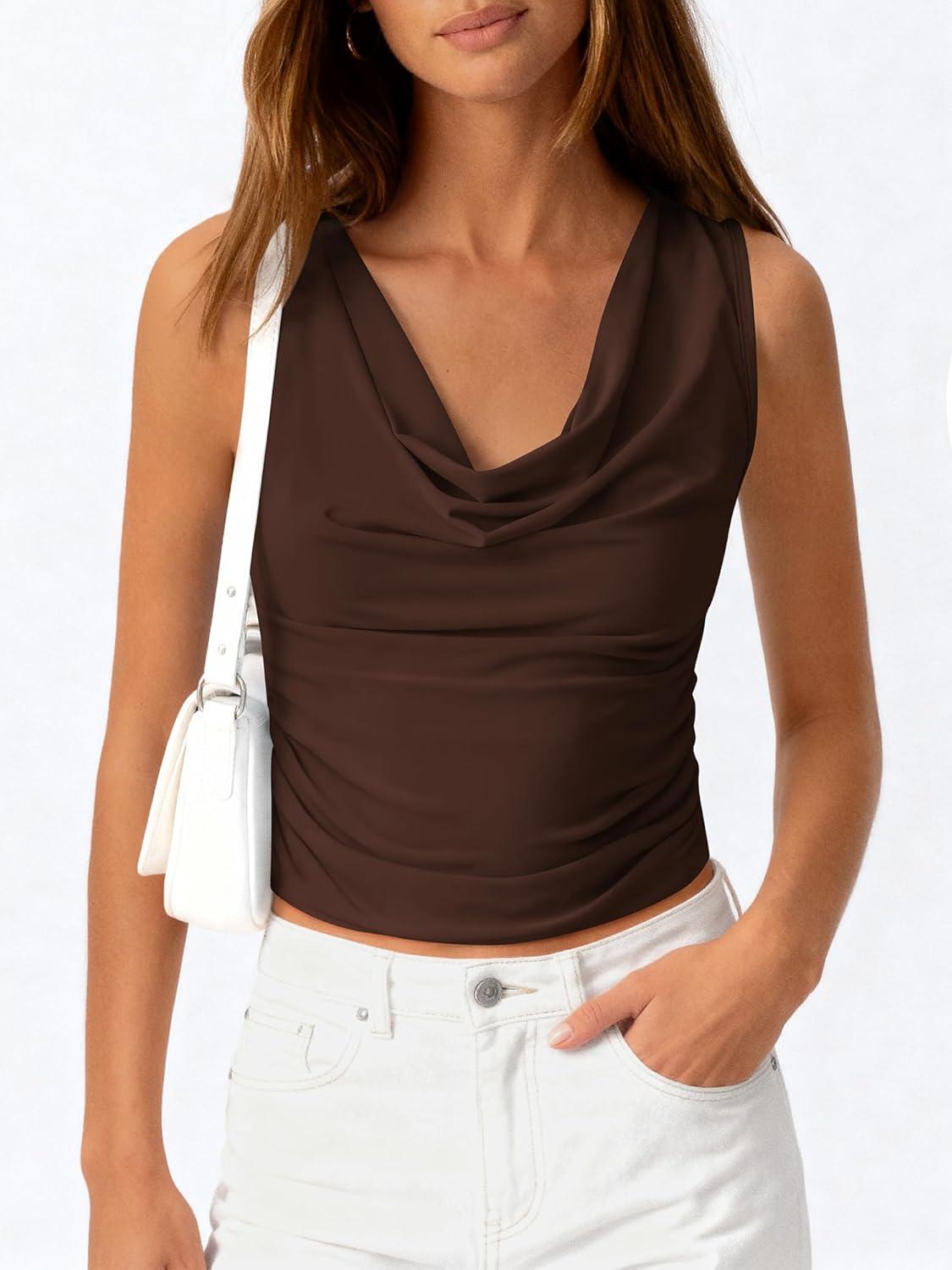 imageBTFBM Cowl Neck Tank Tops for Women 2026 Spring Summer Sleeveless Dressy Blouses Business Casual Outfits Going Out TopBrown