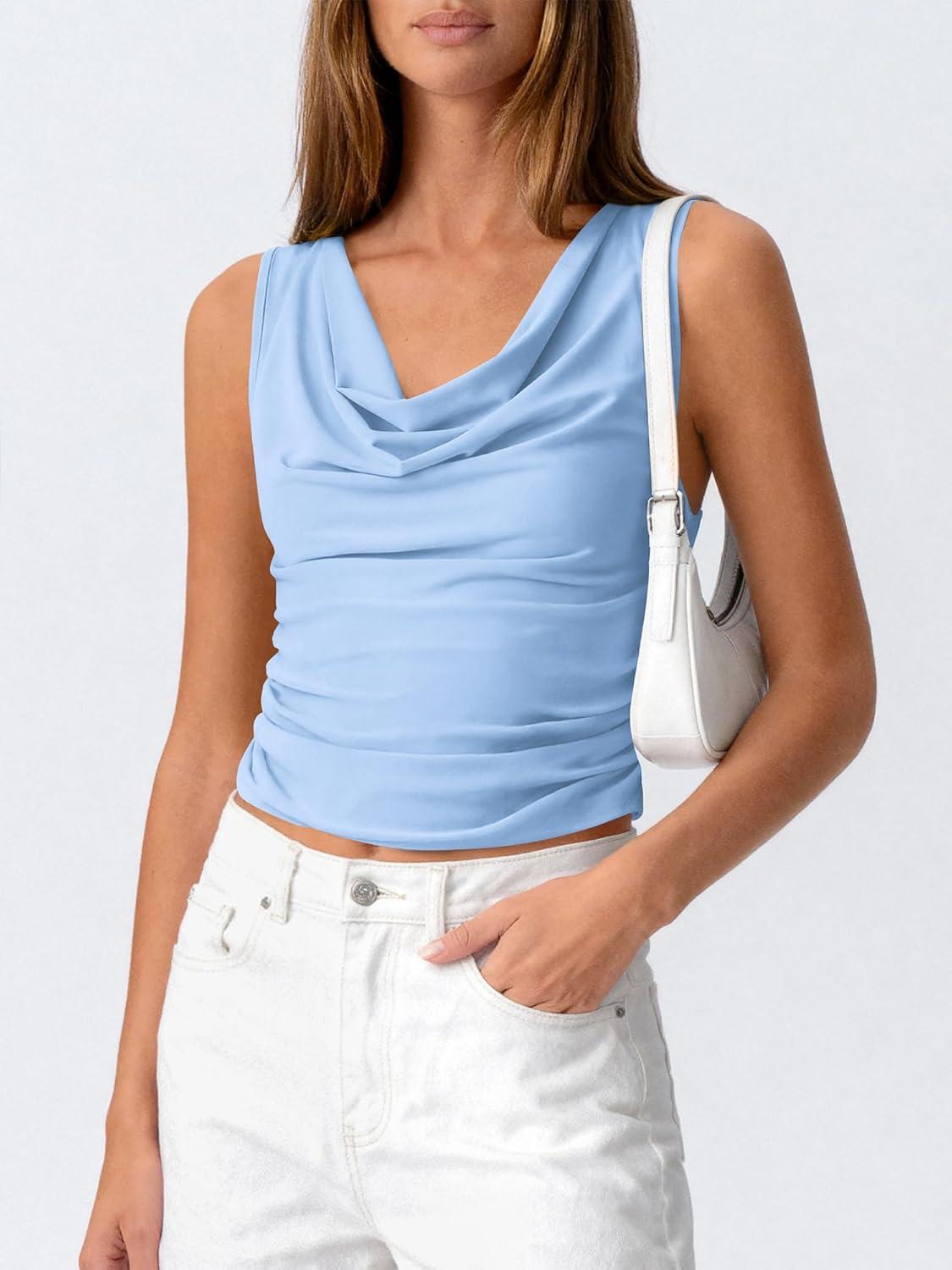 imageBTFBM Cowl Neck Tank Tops for Women 2026 Spring Summer Sleeveless Dressy Blouses Business Casual Outfits Going Out TopLight Blue