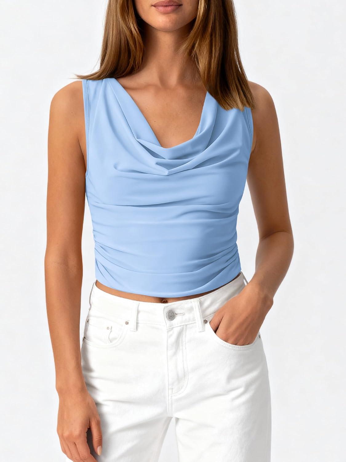 imageBTFBM Cowl Neck Tank Tops for Women 2026 Spring Summer Sleeveless Dressy Blouses Business Casual Outfits Going Out TopLight Blue