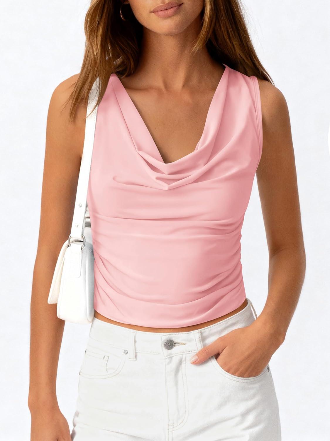 imageBTFBM Cowl Neck Tank Tops for Women 2026 Spring Summer Sleeveless Dressy Blouses Business Casual Outfits Going Out TopPink