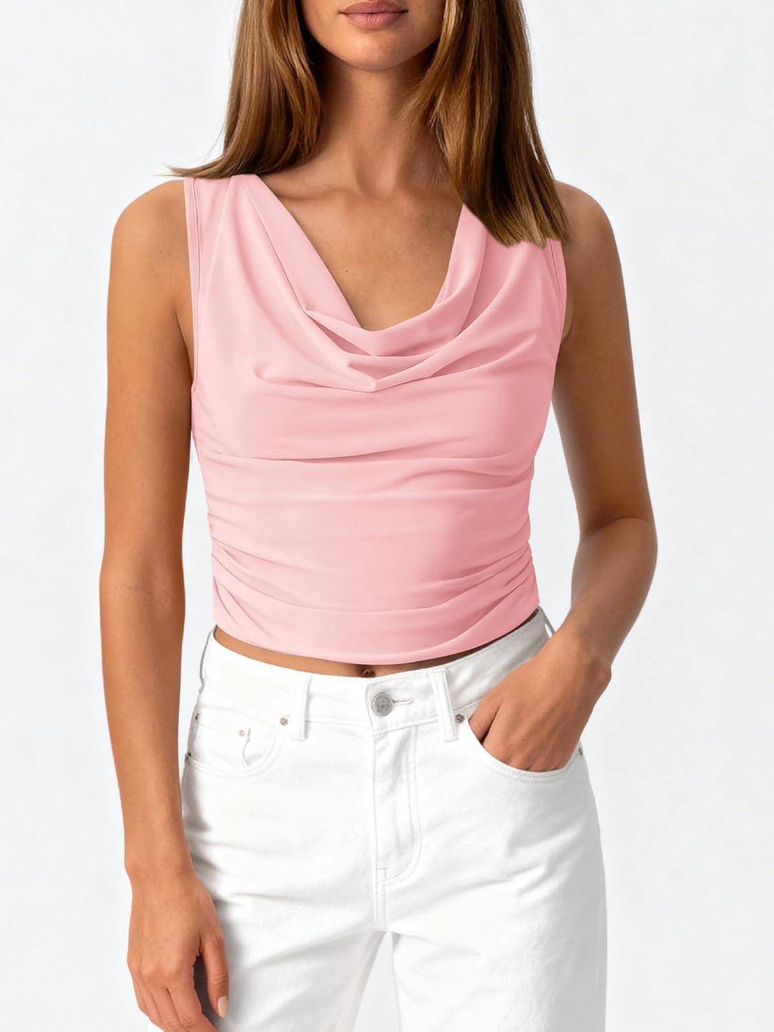 imageBTFBM Cowl Neck Tank Tops for Women 2026 Spring Summer Sleeveless Dressy Blouses Business Casual Outfits Going Out TopPink