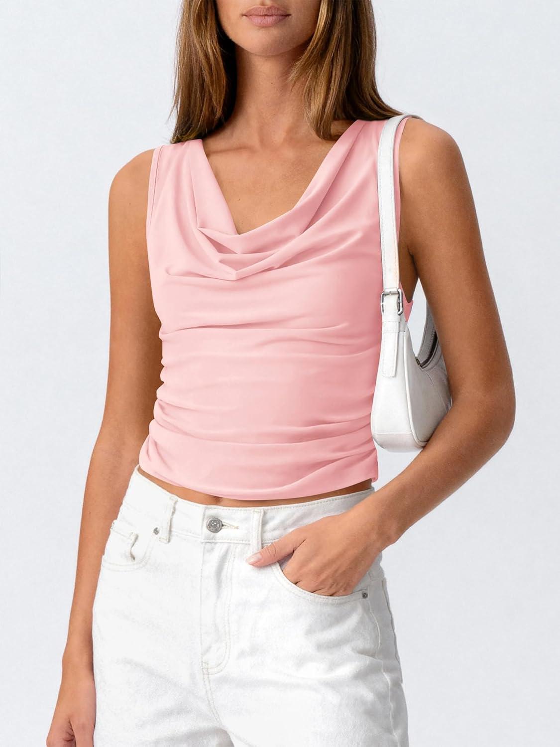 imageBTFBM Cowl Neck Tank Tops for Women 2026 Spring Summer Sleeveless Dressy Blouses Business Casual Outfits Going Out TopPink