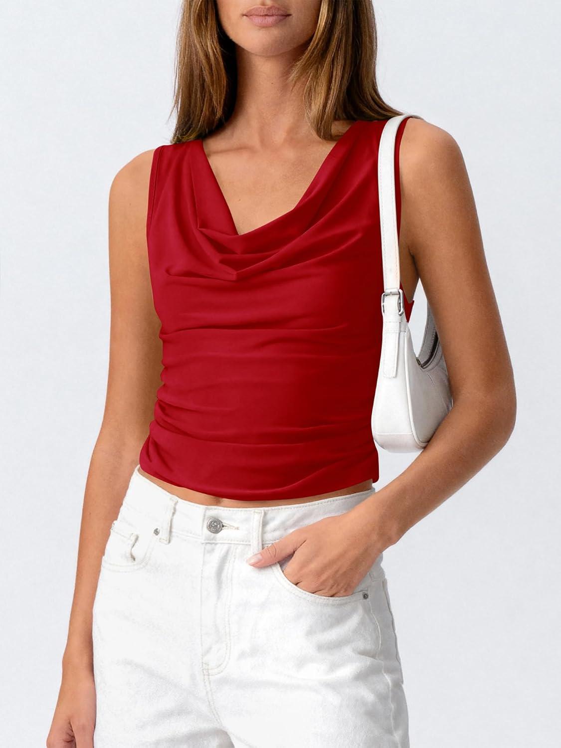 imageBTFBM Cowl Neck Tank Tops for Women 2026 Spring Summer Sleeveless Dressy Blouses Business Casual Outfits Going Out TopRed