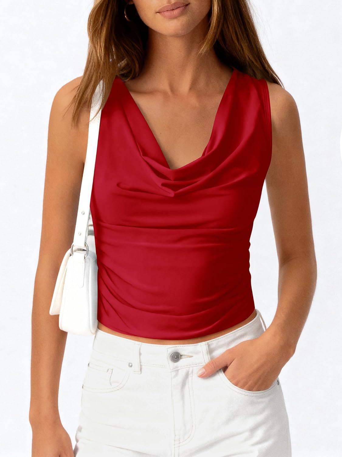 imageBTFBM Cowl Neck Tank Tops for Women 2026 Spring Summer Sleeveless Dressy Blouses Business Casual Outfits Going Out TopRed