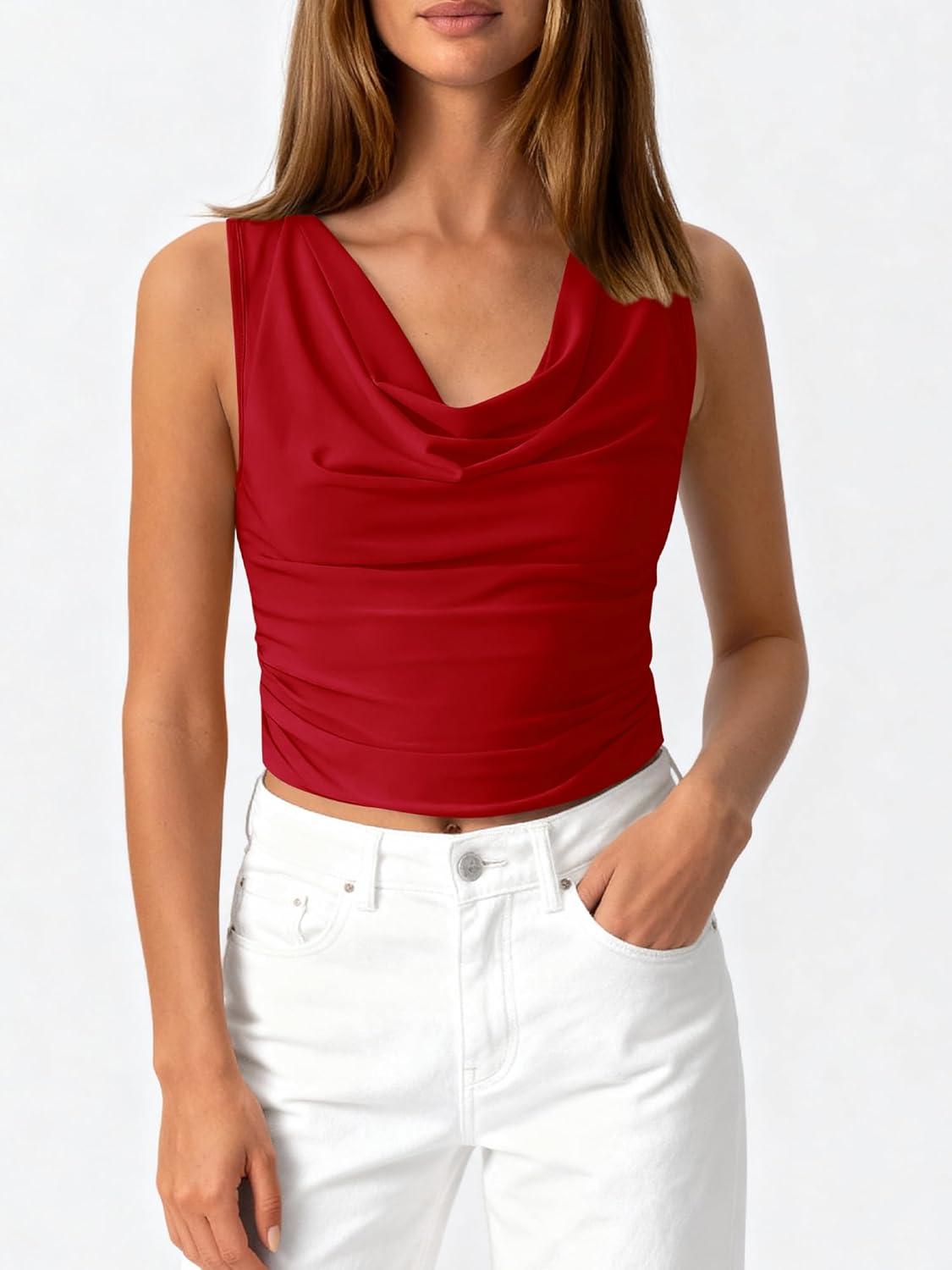 imageBTFBM Cowl Neck Tank Tops for Women 2026 Spring Summer Sleeveless Dressy Blouses Business Casual Outfits Going Out TopRed