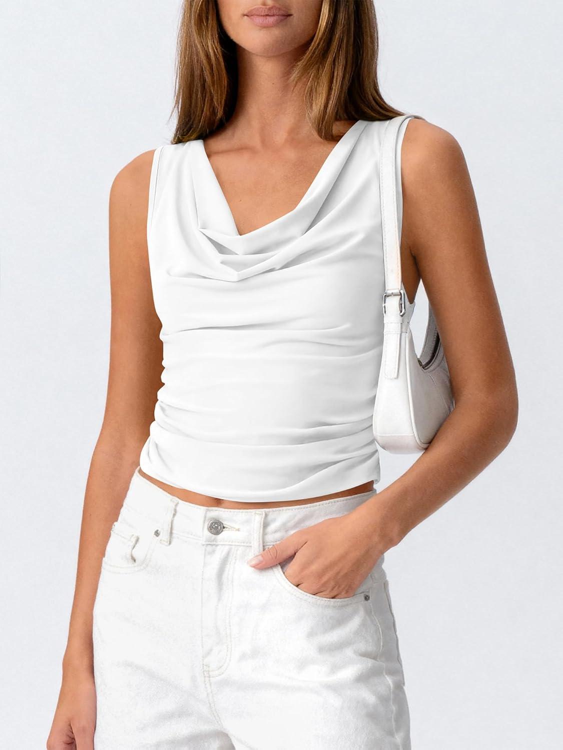 imageBTFBM Cowl Neck Tank Tops for Women 2026 Spring Summer Sleeveless Dressy Blouses Business Casual Outfits Going Out TopWhite