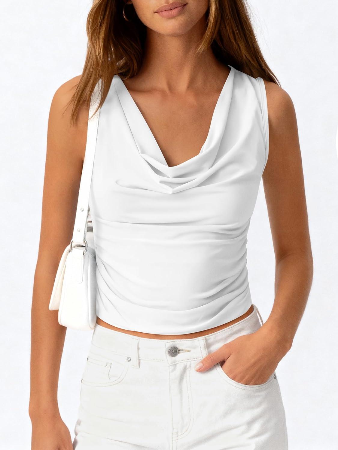 imageBTFBM Cowl Neck Tank Tops for Women 2026 Spring Summer Sleeveless Dressy Blouses Business Casual Outfits Going Out TopWhite