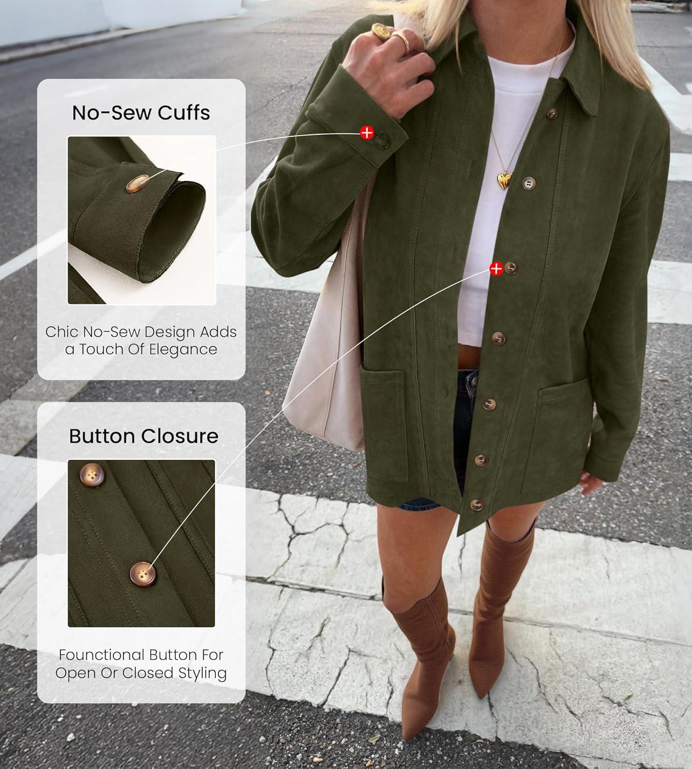 imageBTFBM Faux Suede Jacket Women Fall Fashion 2026 Leather Jackets Long Sleeve Button Down Winter Coats Shackets OuterwearArmy Green