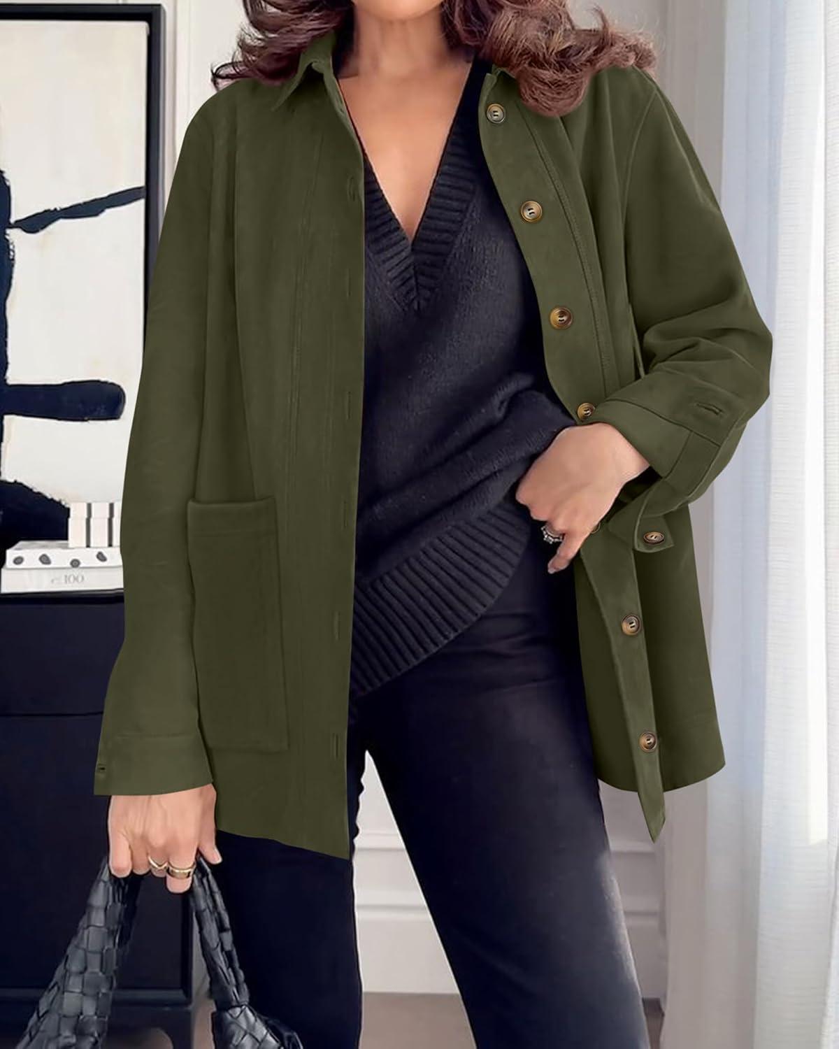 imageBTFBM Faux Suede Jacket Women Fall Fashion 2026 Leather Jackets Long Sleeve Button Down Winter Coats Shackets OuterwearArmy Green