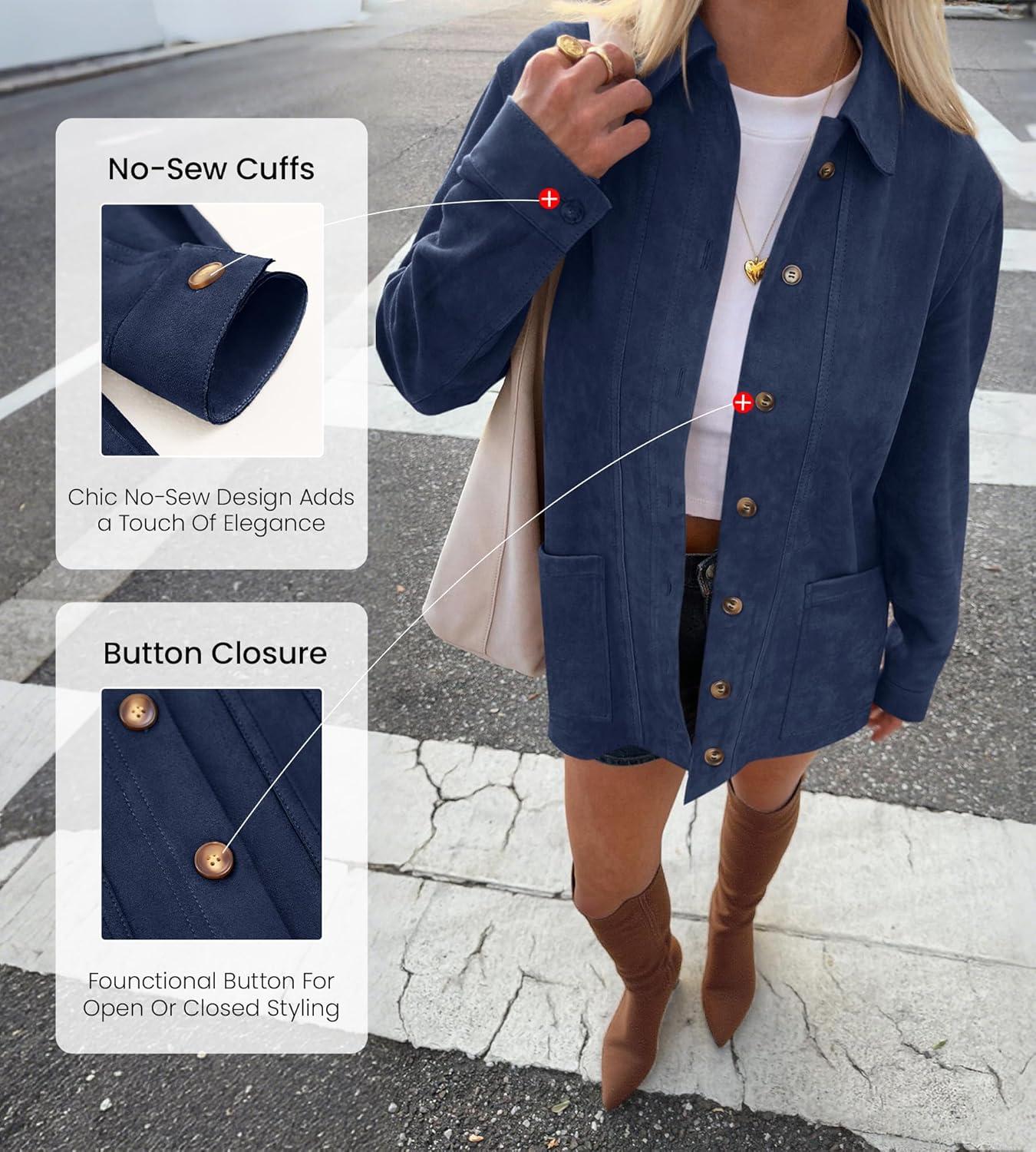 imageBTFBM Faux Suede Jacket Women Fall Fashion 2026 Leather Jackets Long Sleeve Button Down Winter Coats Shackets OuterwearNavy Blue