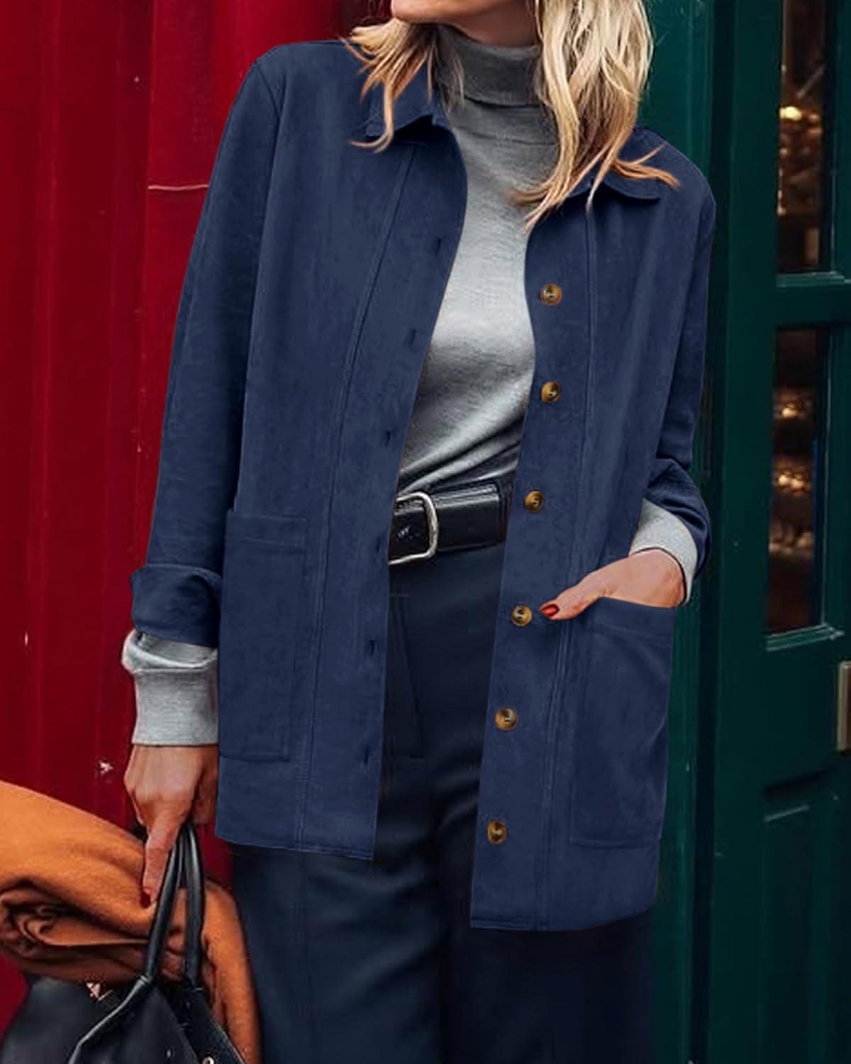 imageBTFBM Faux Suede Jacket Women Fall Fashion 2026 Leather Jackets Long Sleeve Button Down Winter Coats Shackets OuterwearNavy Blue