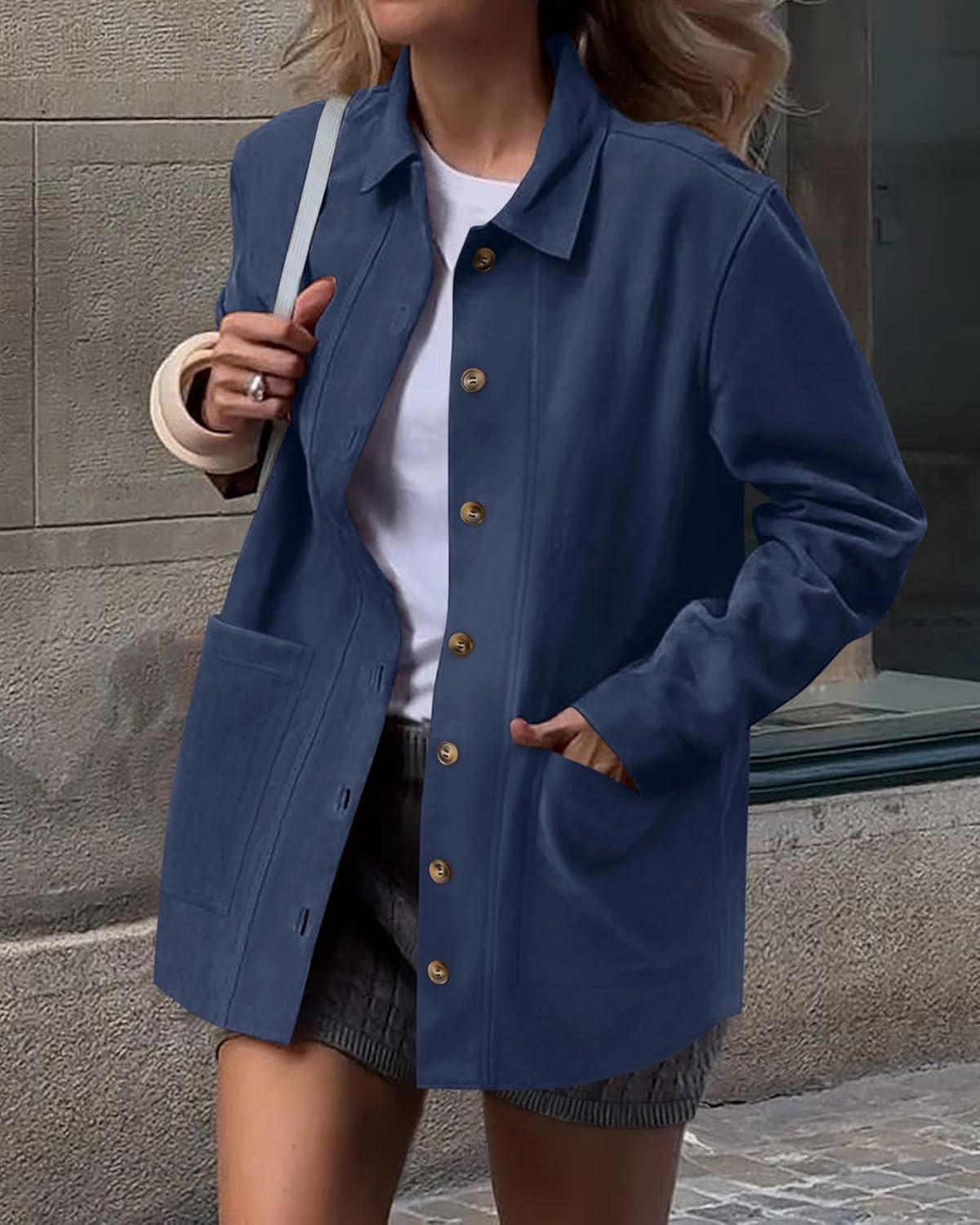 imageBTFBM Faux Suede Jacket Women Fall Fashion 2026 Leather Jackets Long Sleeve Button Down Winter Coats Shackets OuterwearNavy Blue