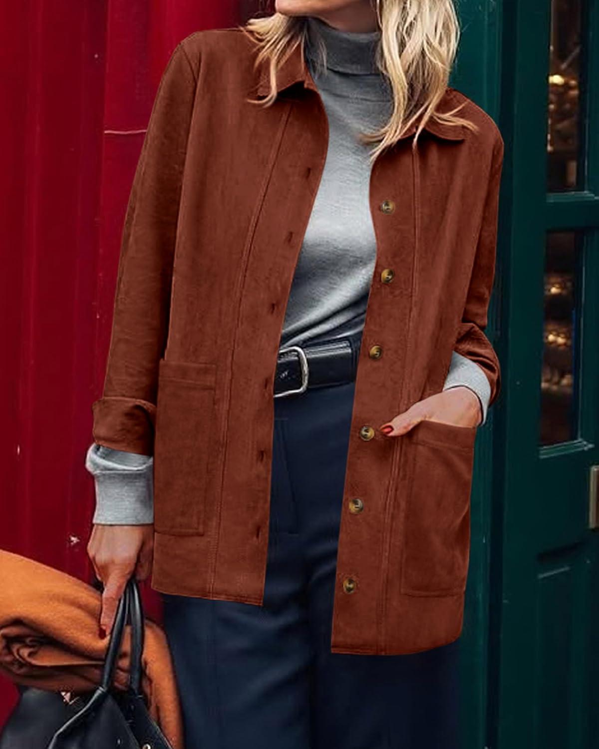 imageBTFBM Faux Suede Jacket Women Fall Fashion 2026 Leather Jackets Long Sleeve Button Down Winter Coats Shackets OuterwearRust